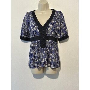 Y2K Anthropologie Odille Top Blue Floral Blouse Size 8 Babydoll Boho Whimsigoth